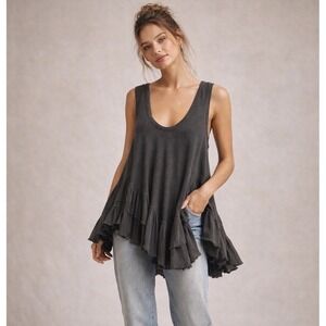 Free People We The Free Tank XS Charcoal Grey Boho Ruffle Linen Cotton Boho